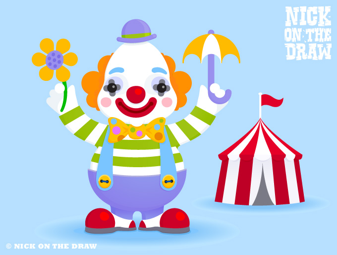 Cute circus clown hold a flower and parasol
