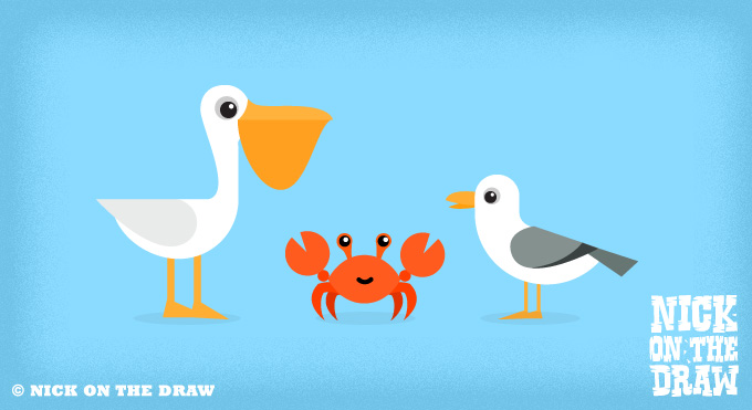 Pelican, crab and seagull illustration